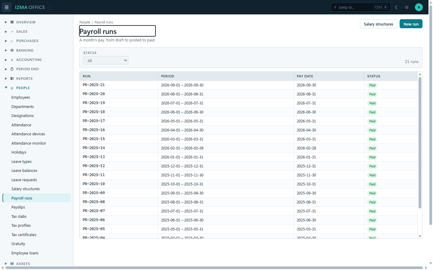 Izma Office payroll runs list showing monthly payroll periods, pay dates and paid status