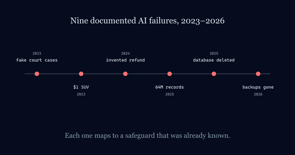 A timeline of documented AI failures from 2023 to 2026